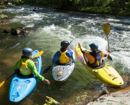 Kayakers scouting during the Swiftwater Rescue for Whitewater Paddlers course