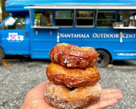 Hand holding up delicious donuts in front of an awesome food truck.